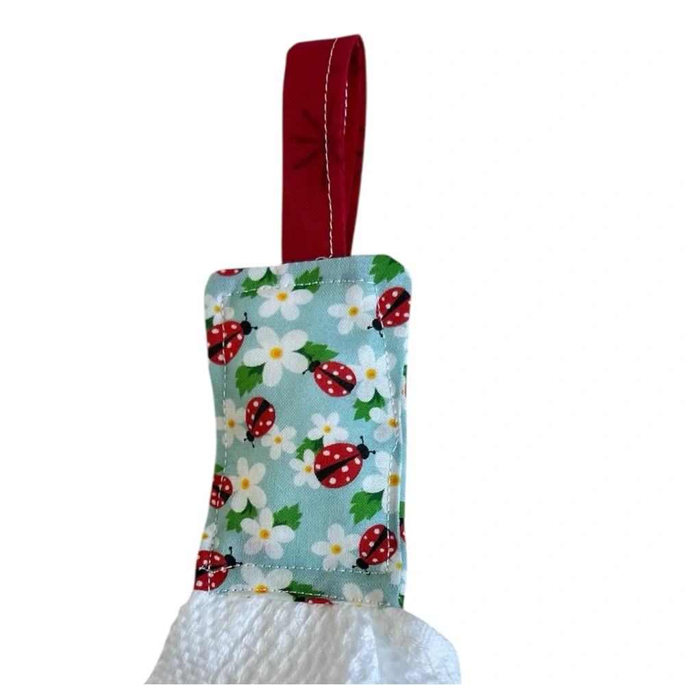 Hand Crafted Floral Ladybugs Red and White Hanging Kitchen Towel Cotton